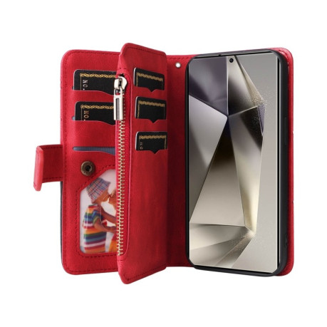 Чехол-книжка Dual-color 9 Card Slots Zipper Wallet Leather для Samsung Galaxy S25 Ultra 5G - красный