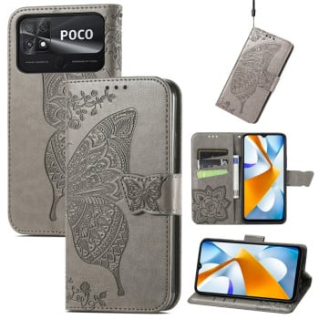 Чохол-книжка Butterfly Love Flower Embossed на Xiaomi Poco C40/Redmi 10c -сірий