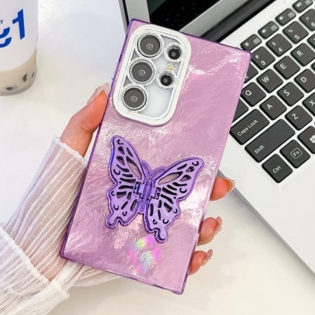 Противоударный чехол Plating Glitter Texture Butterfly Holder TPU для Samsung Galaxy S24 FE 5G - Purple Tinfoil Texture