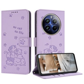 Чехол-книжка Embossed Kitten Phone Leather для Realme 12+ 5G/12 4G/13 4G - фиолетовый