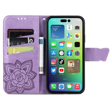 Чехол-книжка Butterfly Love Flower Embossed для iPhone 15 - светло-фиолетовый