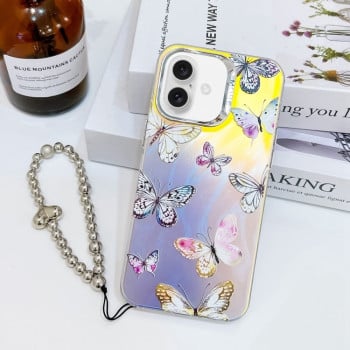 Противоударный чехол Electroplating Laser Butterfly Phone Case with Wrist Strap на iPhone 16 Plus - Pink Butterflies