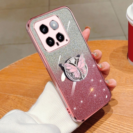 Протиударний чохол Plated Gradient Glitter Butterfly Holder для Xiaomi 14 - рожевий