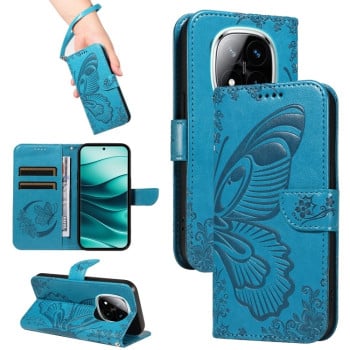 Чехол-книжка Swallowtail Butterfly Embossed Leather для Xiaomi Redmi Note 14 Pro / 14 Pro+ 5G - синий