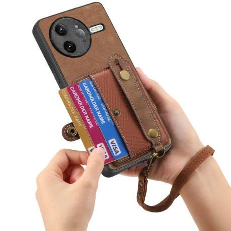 Противоударный чехол Retro Cross Wristband Wallet Leather для Redmi K80 Pro / Poco F7 Ultra - коричневый