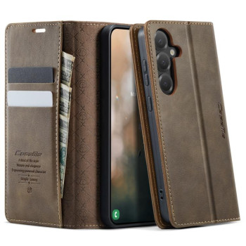 Чехол-книжка CaseMe 033 с фактурой Calf и защитой от сканирования RFID на Samsung Galaxy S25 FE 5G — кофейный