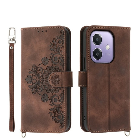 Чехол-книжка Skin-feel Flowers Embossed для OPPO A3/A3x/A40m - коричневый