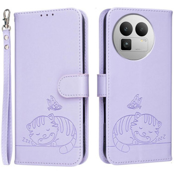 Чехол-книжка Cat Butterfly Embossed RFID Vegan с ремешком на Realme GT8 Pro Global — светло-фиолетовый