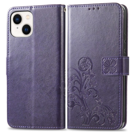 Чехол-книжка Four-leaf Clasp Embossed Buckle на iPhone 15 Plus -Фиолетовый