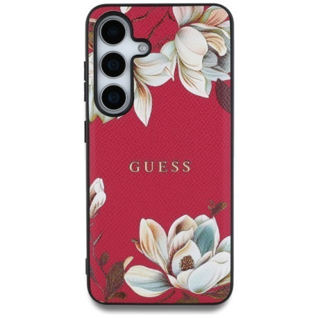 Оригинальный чехол Guess Grained Printed Flower Pattern MagSafe для Samsung Galaxy S25 - fuchsia