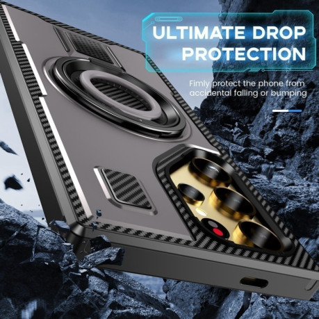 Протиударний чохол Ring Holder Carbon Fiber PC Hybrid TPU  для Samsung Galaxy S25 Ultra 5G - сірий