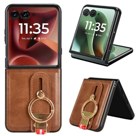 Противоударный чехол Wristband Leather Back для Motorola Razr 60 Ultra - коричневый