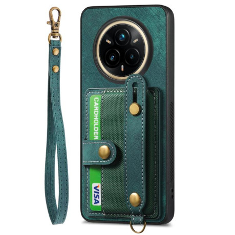 Противоударний чехол Retro Cross Wristband Wallet Leather для Realme 14 Pro+ - зелений