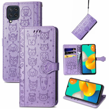 Чехол-книжка Cute Cat and Dog для Samsung Galaxy M32/A22 4G - фиолетовый