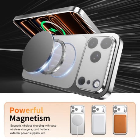 Чехол Corning Glass Plating Large Window MagSafe со стеклом Corning и MagSafe для iPhone 16 Pro Max — серебристый