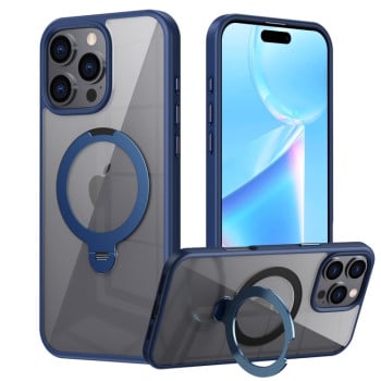 Ударозащитный чехол Transparent MagSafe Magnetic Rotating Ring Holder на iPhone 16 Pro Max - синий