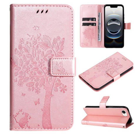 Чехол-книжка Happy Cat Pattern для iPhone 16e - розовое золото