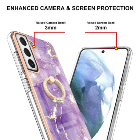 Противоударный чехол Electroplating Marble with Ring Holder для Samsung Galaxy S21 FE 5G - фиолетовый