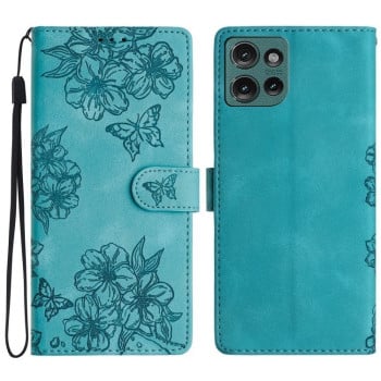 Чехол-книжка Cherry Blossom Butterfly Skin Feel Embossed на Motorola Edge 50 5G - зеленый