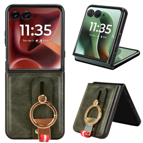 Противоударный чехол Wristband Leather Back для Motorola Razr 60 Ultra - зеленый