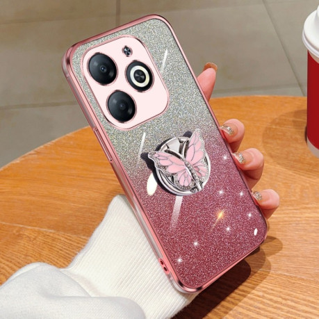 Противоударный чехол Plated Gradient Glitter Butterfly Holder для Infinix Smart 8 - розовый