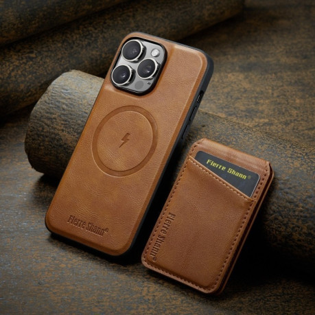 Чехол Fierre Shann Oil Wax Cow Leather Magnetic Card Holder на iPhone 16 Pro - коричневый