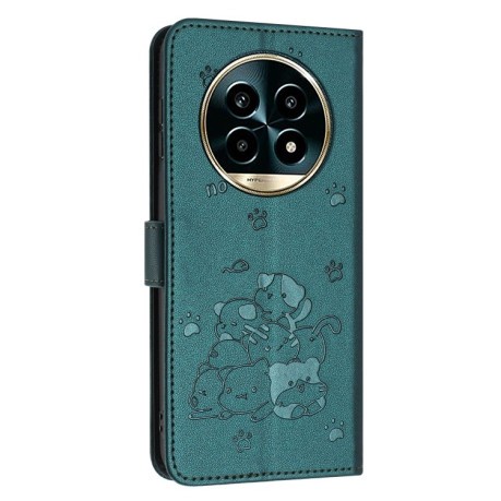 Чехол-книжка Embossed Kitten Phone Leather Case with Lanyard для Realme 13 Pro 5G - зеленый