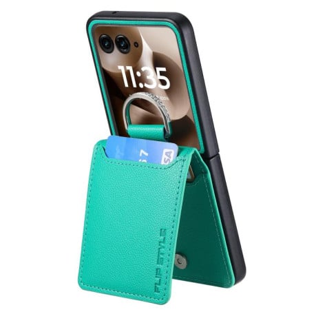 Противоударний чехол Litchi Texture Leather Ring Wallet на Motorola Razr 60 Ultra - зелений