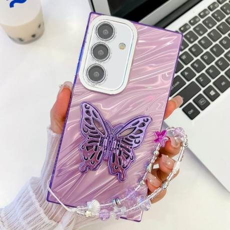 Противоударный чехол Plating Glitter Lens Film Texture Butterfly Holder Wristband для Samsung Galaxy S25 5G - Purple Water Ripples
