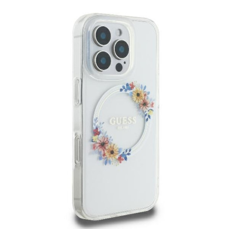 Оригинальный чехол Guess IML Flowers Wreath MagSafe для iPhone 16 Pro Max - Clear