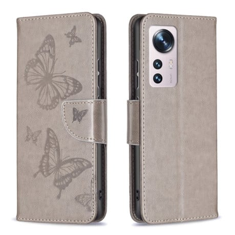 Чохол-книжка Butterflies Pattern на Xiaomi Mi 12 - сірий