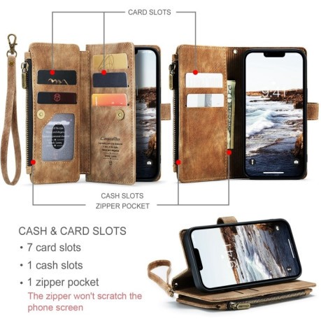 Кожаный чехол-кошелек CaseMe-C30 для iPhone 15 - коричневый