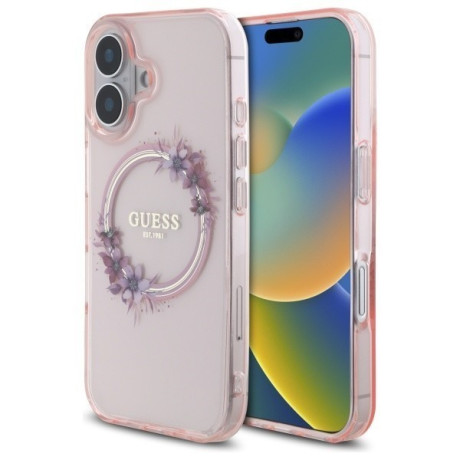 Оригинальный чехол Guess IML Flowers Wreath MagSafe для iPhone 16 - Pink