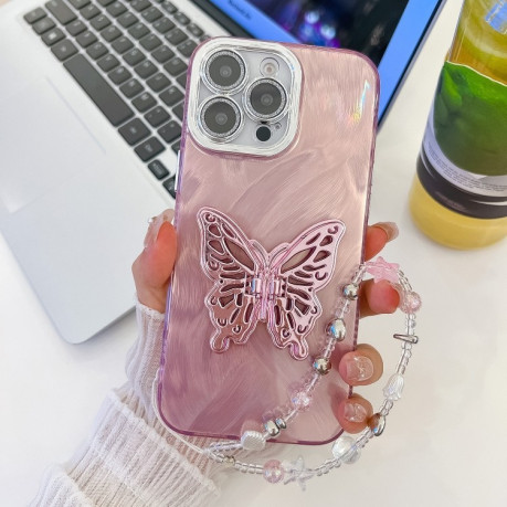 Противоударный чехол Plating Glitter Lens Film Texture Butterfly Holder Wristband для  iPhone 16 Pro - Pink Feather Yarn