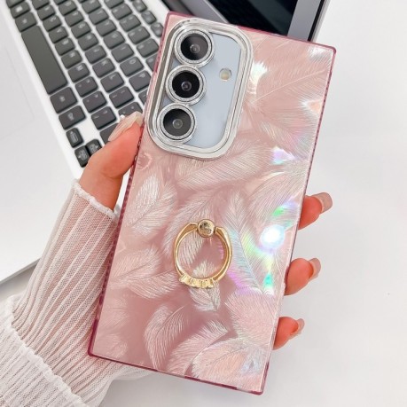 Противоударный чехол Plating Glitter Texture Ring Holder для Samsung Galaxy A36 5G - Pink Feathers