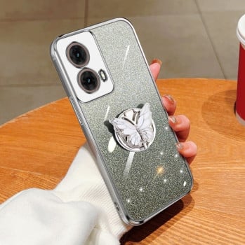 Противоударный чехол Plated Gradient Glitter Butterfly Holder для Motorola Moto G85 - серебристый