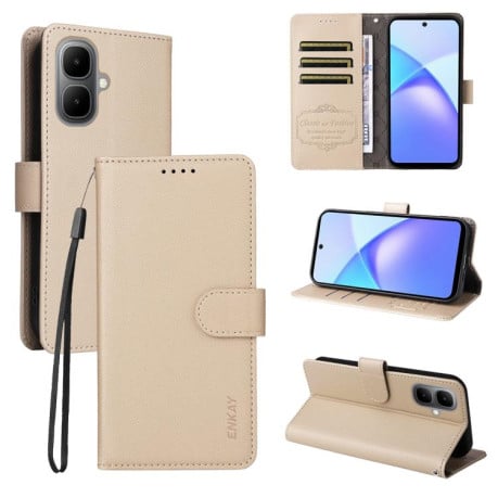 Чохол-книжка ENKAY RFID Blocking Wallet Kickstand з фактурою Litchi та магнітним хлястиком на Infinix Smart 10 4G - бежевий