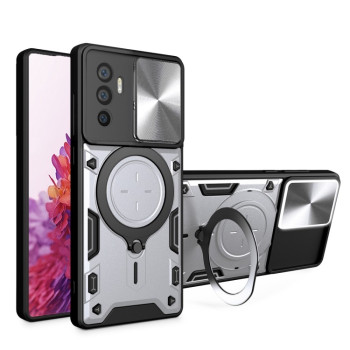 Чехол со шторкой камеры CD фактурой и подставкой на Vivo V23e 4G / 5G - серебристый