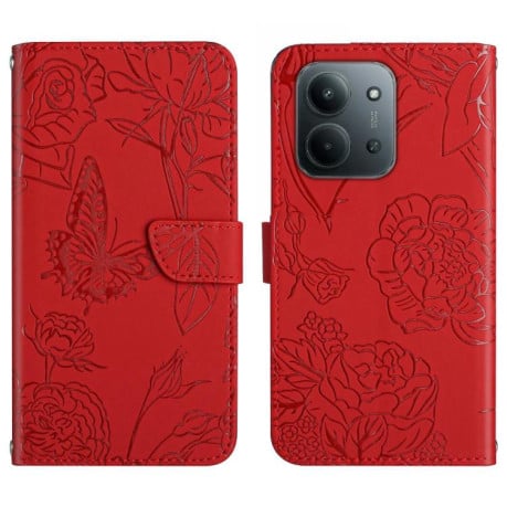Чохол-книжка з тисненням &quot;метелика&quot; та магнітним хлястиком на Xiaomi Redmi 15C 5G / 4G EU 173mm - червоний