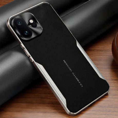 Противоударный чехол Electroplated Frame Sheepskin Texture Morandi Color с кожаной фактурой на OnePlus 15T — чёрный