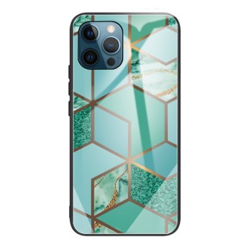 Противоударный стеклянный чехол Marble Pattern Glass на iPhone 13 Pro Max - Rhombus Green