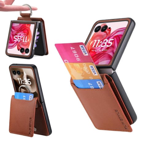 Противоударний чехол Litchi Texture Leather Ring Wallet на Motorola Razr 60 Ultra - коричневий