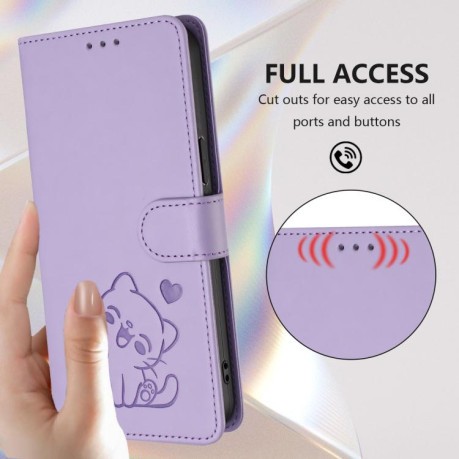 Чохол-книжка Escase з рельєфним котом і ремінцем для Realme Note 70 / Note 70T 4G / C71 4G India — світло-фіолетовий