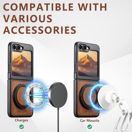 Чохол Suteni G3 Oil Wax 360 Rotation Holder MagSafe для Samsung Galaxy Flip 7 5G - коричневий