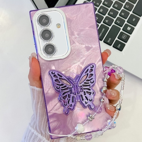 Протиударний чохол Plating Glitter Lens Film Texture Butterfly Holder Wristband для Samsung Galaxy S25+ 5G - Purple Feathers