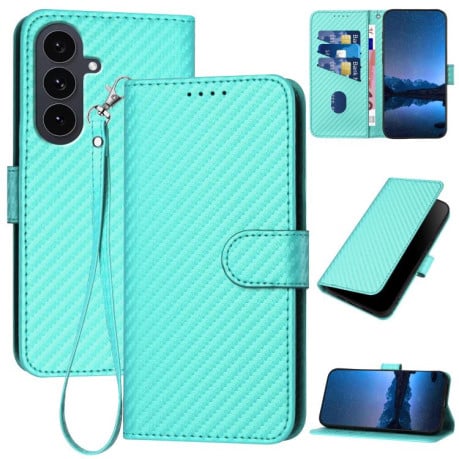 Чохол-книжка з фактурою Carbon Fiber магнітним хлястиком, ремінцем на Samsung Galaxy S25 FE 5G - блакитний