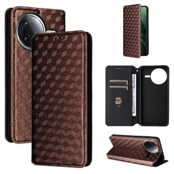 Чехол-книжка Cubic Grid Calf Texture для Xiaomi Poco F7 Pro / F7 Ultra - коричневий