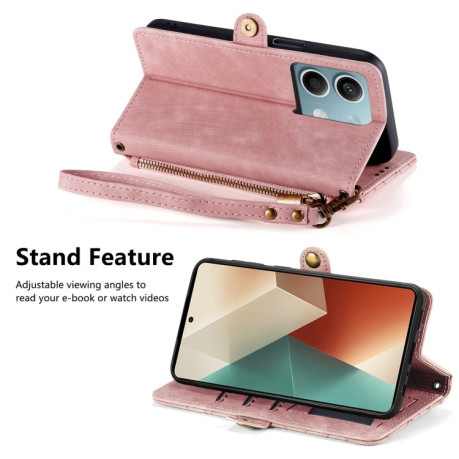 Чехол-книжка Geometric Zipper Wallet Side Buckle Leather для Redmi Note 13 4G - розовый