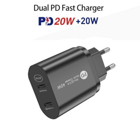Скоростная зарядка 002 40W Dual Port PD USB-C/Type-C Fast Charge - черная