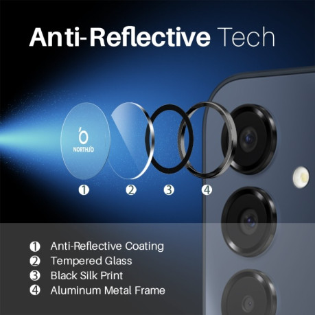 Защитное стекло NORTHJO Glitter Camera Lens Protector Tempered Glass Metal Ring на Samsung Galaxy A16 5G - черное